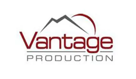 A red and white logo for vantage production